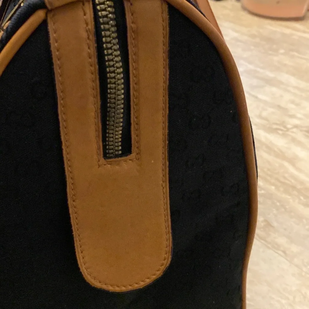 GUCCI GG vintage/rare Logo Canvas Leather Boston Travel/HandBag-Blk/Tan:COA